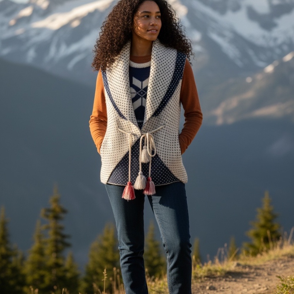 H&M L.O.G.G. Wool Blend Vest Wrap Cozy Lagenlook Outdoors Tassle Tie Close Sz M